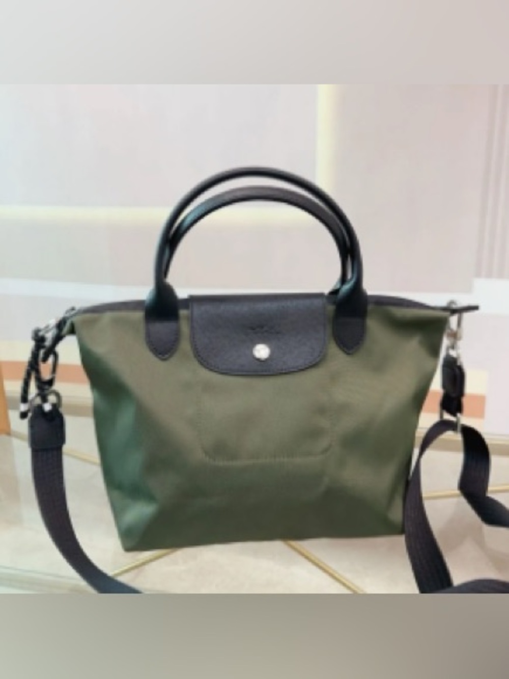 Longchamp Green and Black Le Pliage Small Tote with Shoulder Strap